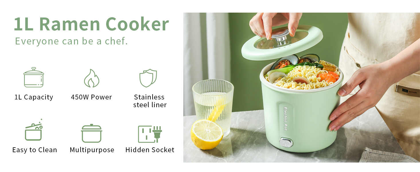 Hot Pot Electric, 1L Mini Ramen Cooker, 450W Rapid Noodles Cooker