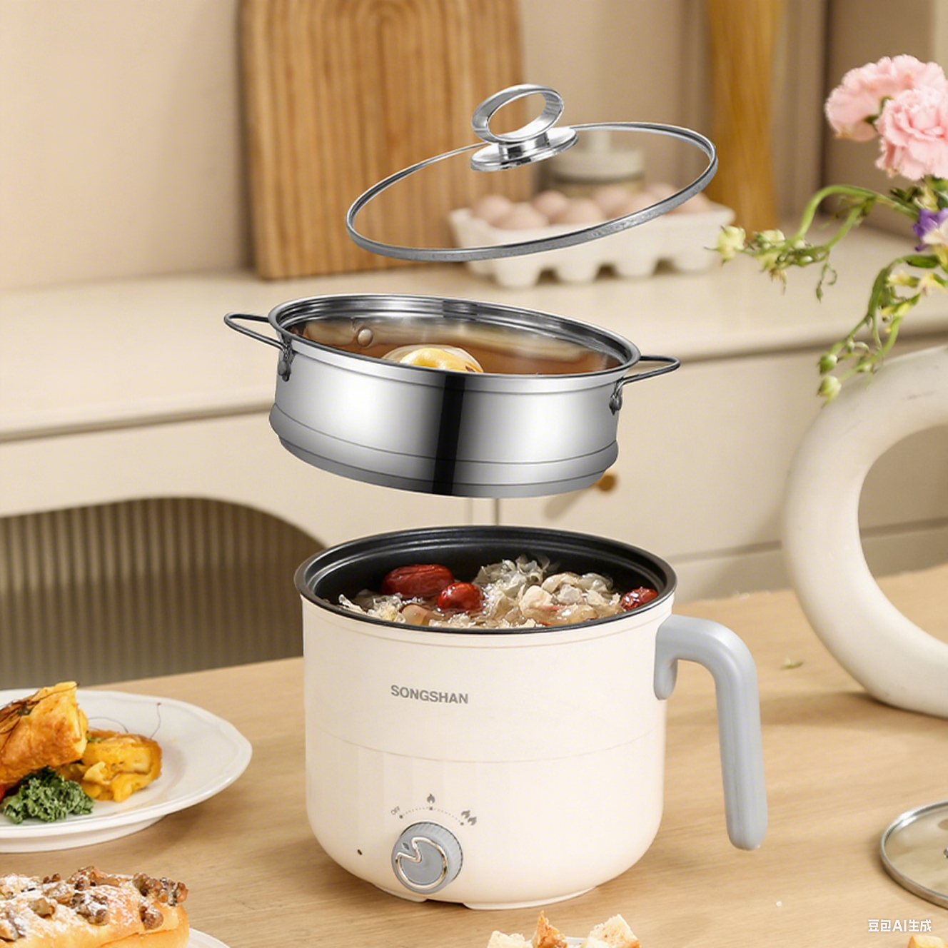 Multi Cook Electric Pot with Steamer 1.2 Liters Stainless Steel Non-stick Inner Pot